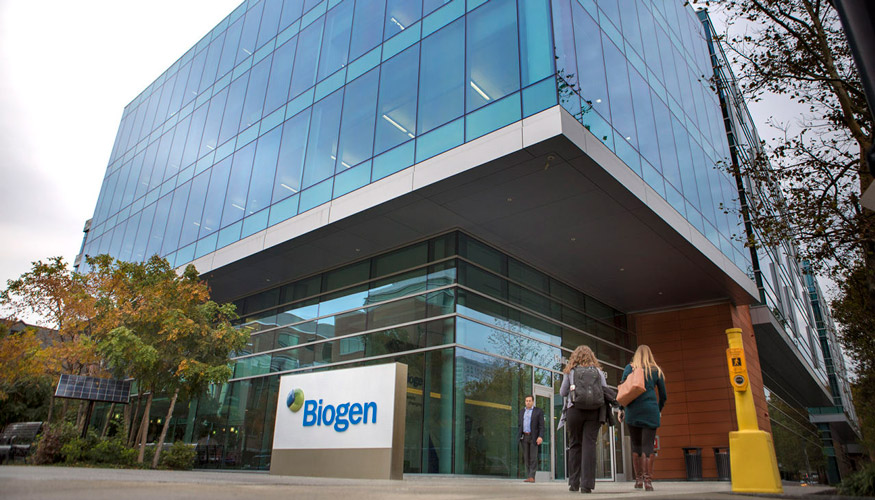 exterior of Biogen building with Biogen sign