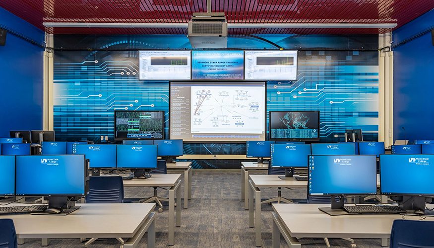 rows of computer screens on desks