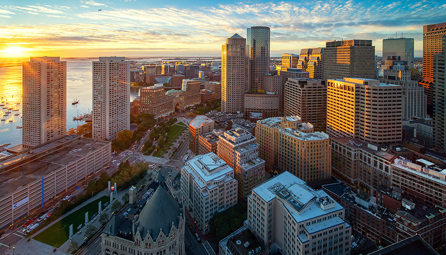 aerial view of city at sunrise