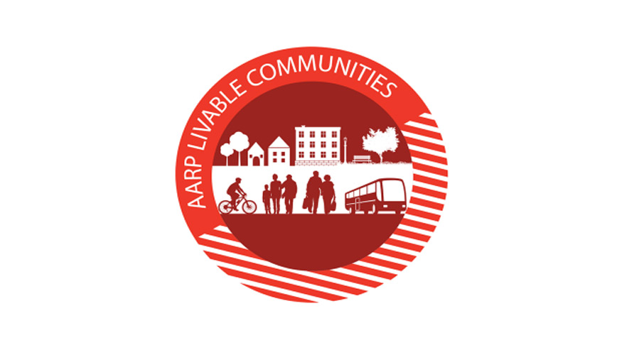 Graphic of "AARP livable communities" - house, large, building and a park - people walking, biking and taking the bus