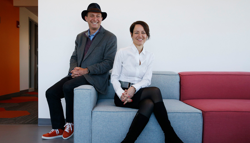 EQRxs Alexis Borisy and Melanie Nallicheri pose for a portrait inside their office in Cambridge, MA