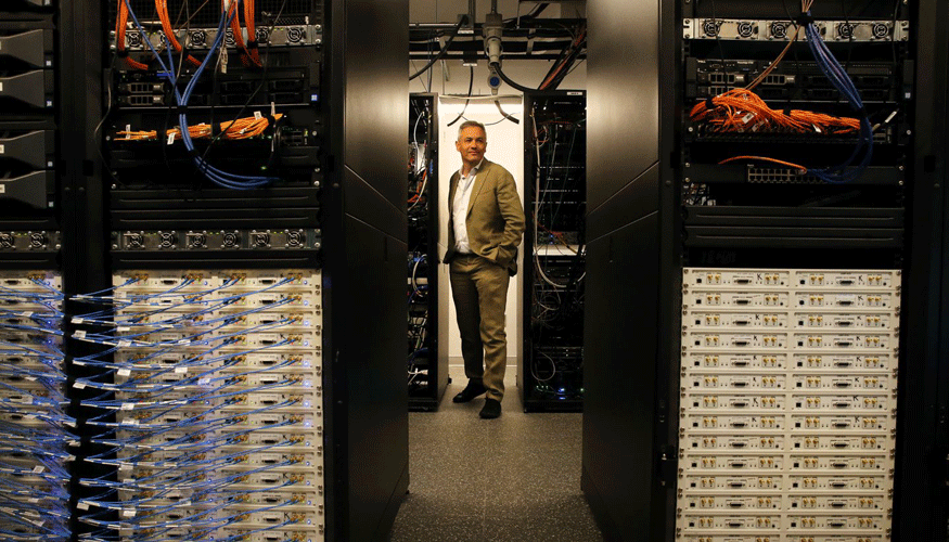 Professor Tommaso Melodia, founding director of Northeastern's Institute for the Wireless Internet of Things, poses for a portrait at the “Colosseum” facility in Burlington in July 2021.